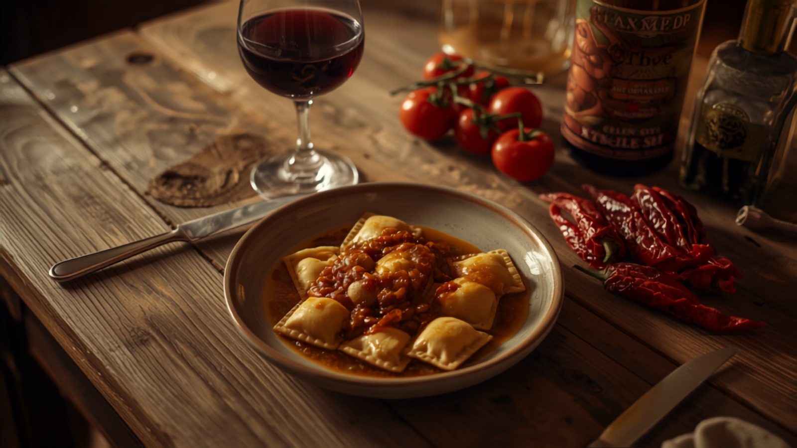 Agnolotti au jus de rôti, datterini et piments de Calabre sur la table familiale — Chez Bastianin